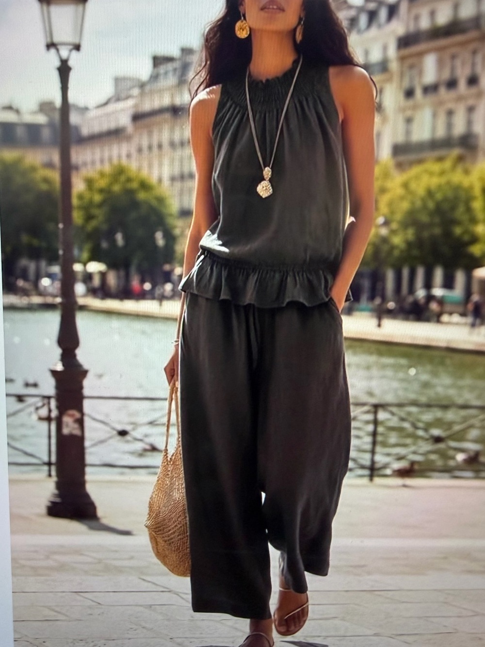 Sleeveless Ruffle-Hem Top and Pants Set- Cotton/ Linen -NWT - Size S